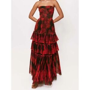 Hutch Isabella Strapless Tiered Tulle Floral Gown Olive Blotted Floral 14W NWT